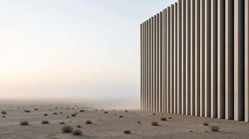 A series of tall vertical slats stands on the right of a hazy sandy landscape under a soft sky.