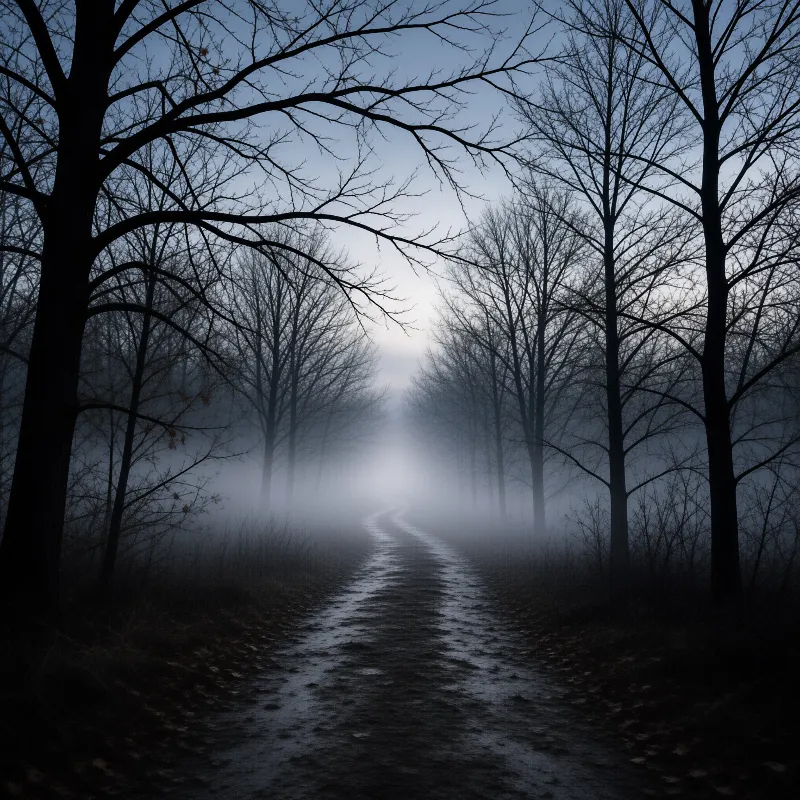 A damp dark forest road curves forward lined with leafless bare trees under dim grey foggy winter light