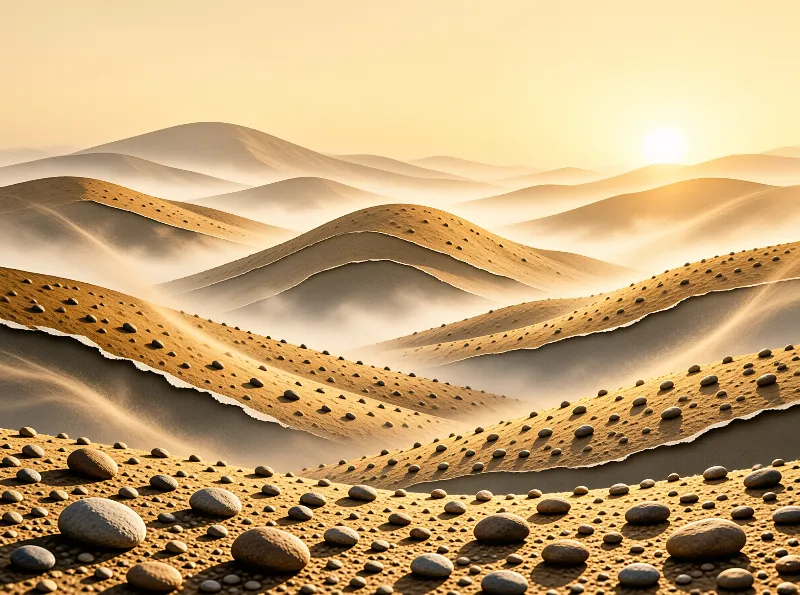 A surreal landscape depicts layered dunes resembling torn paper with scattered pebbles bathed in warm sunlight.