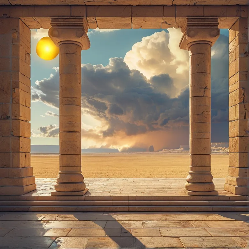 Golden light shines through old stone columns revealing a flat sandy plain with heavy clouds gathering.