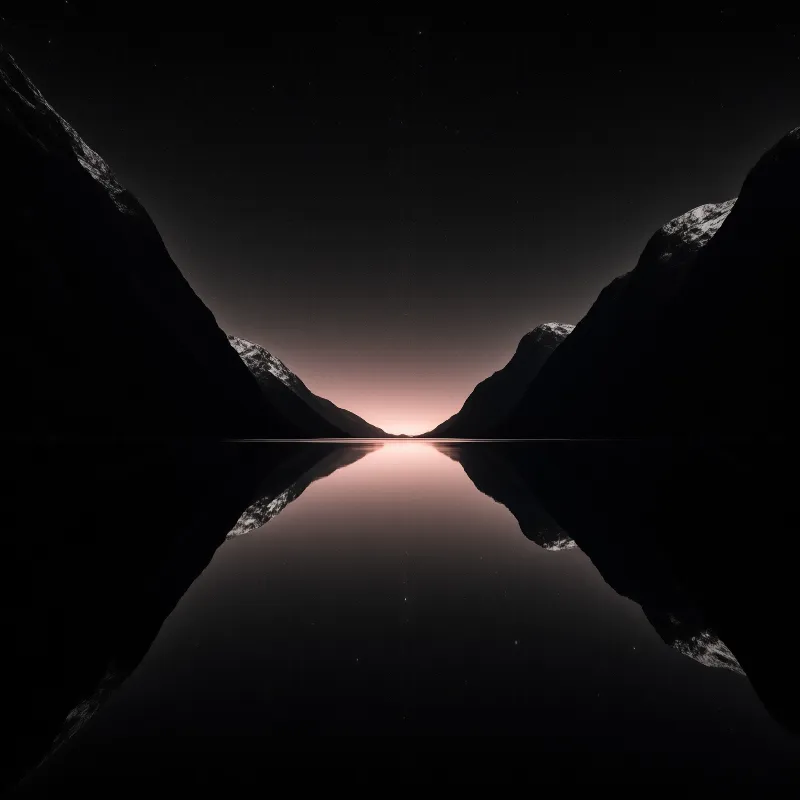 Symmetrical dark mountains frame a calm lake reflecting the soft pink glow of the twilight horizon and faint stars.