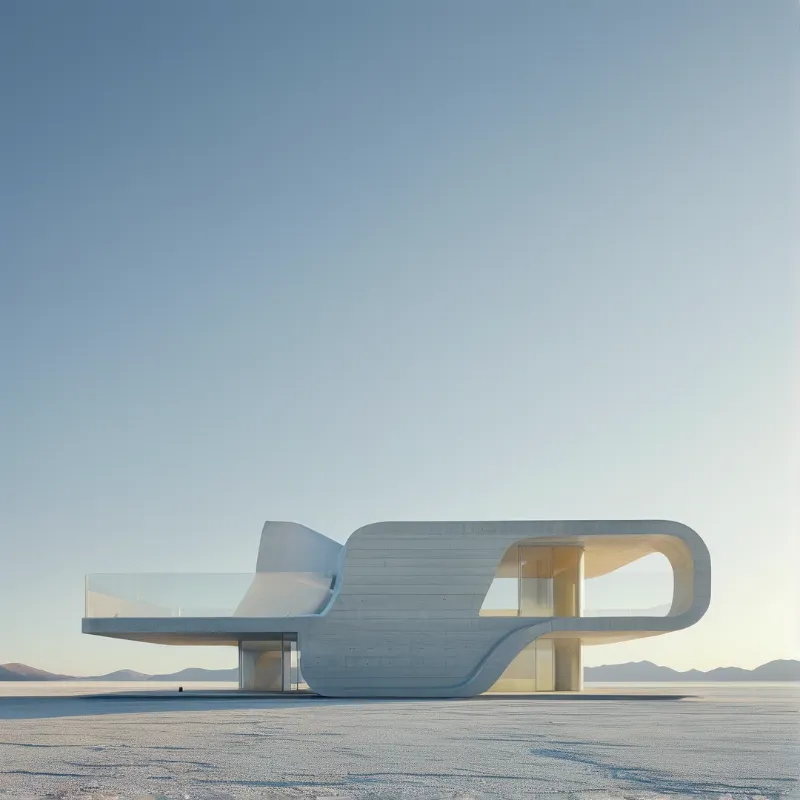 A futuristic white building with curved walls and glass panels stands alone on a flat salt plain under a clear sky