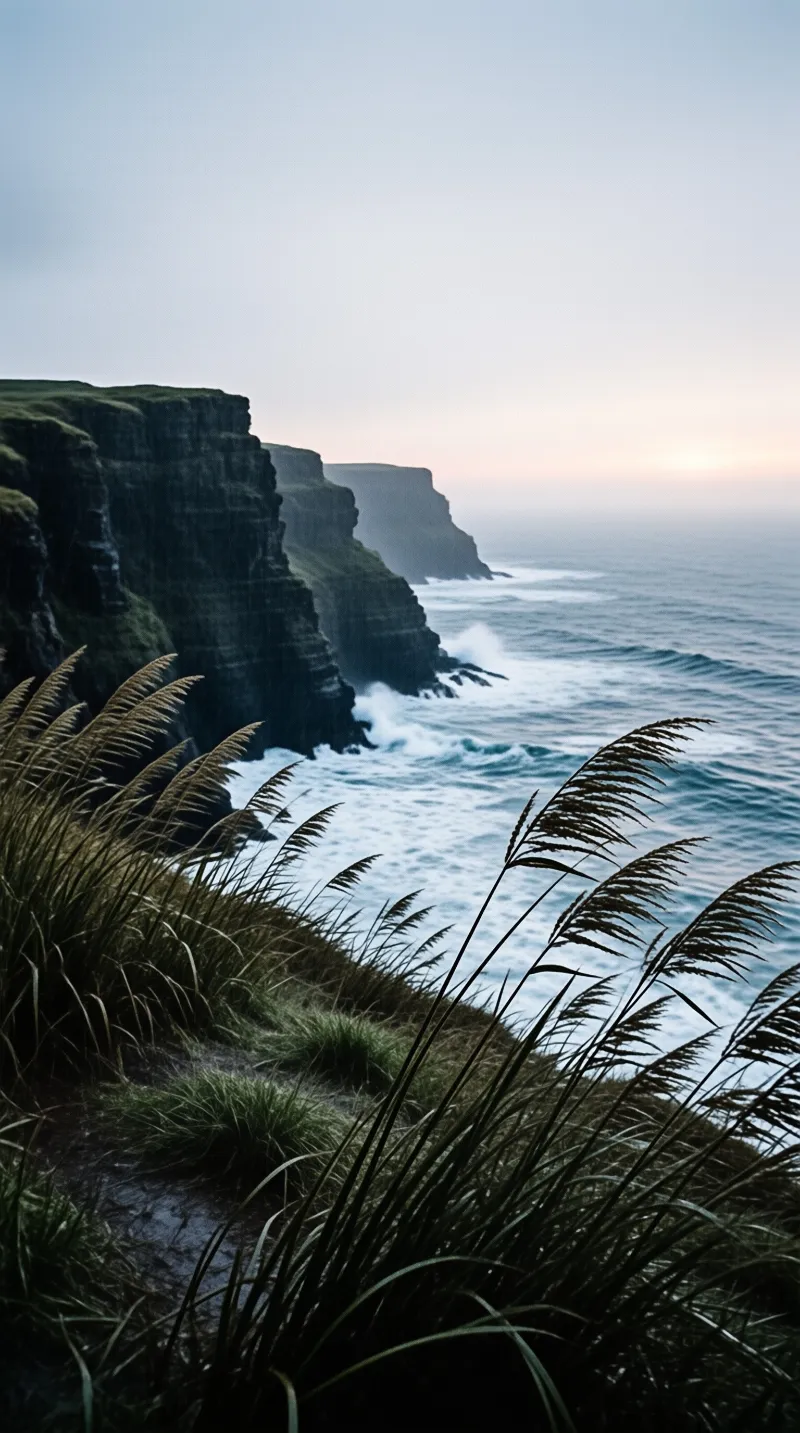 Grass frames coastal cliffs meeting the ocean under a soft sky during twilight with white waves crashing against dark rock.