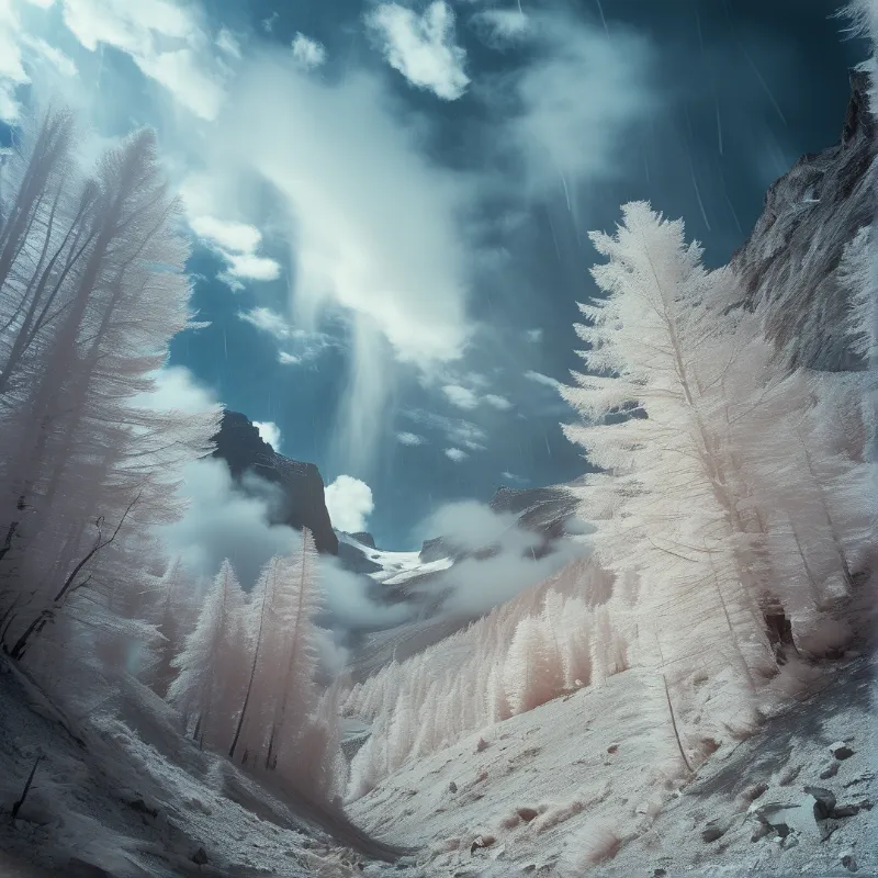 Sunbeams break through clouds over a snowy valley where frost-covered evergreens stand on steep slopes near rocky peaks.