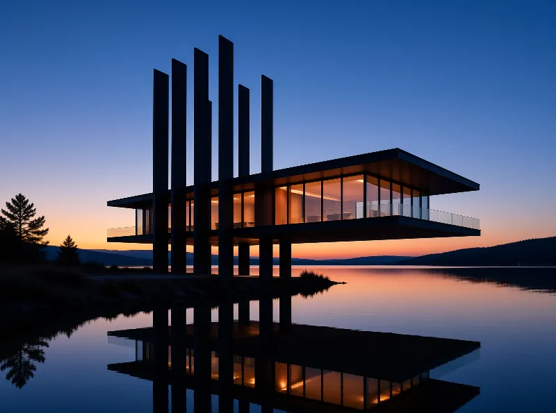 A minimalist structure with large windows and vertical beams reflects in the lake at sunset.