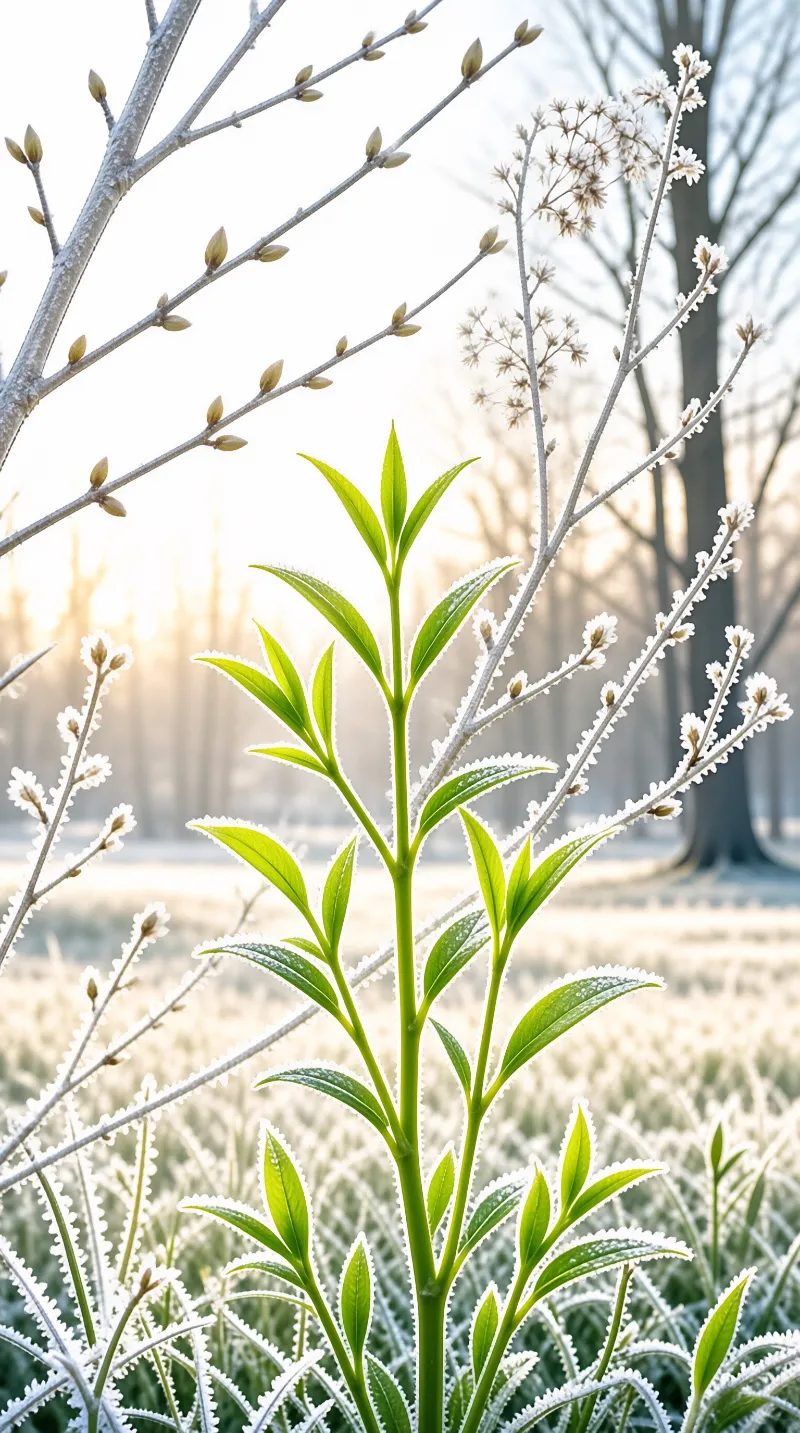Fresh tender tea leaves edged with white frost stand in a misty sunlit grove behind frosted bare tree branches.