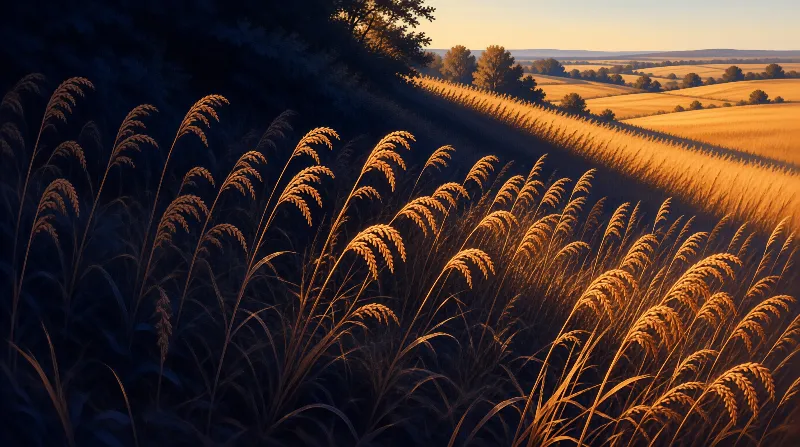 Ripening grain heads glowing against dark trees while low sunlight bathes distant rolling hills in amber tones.