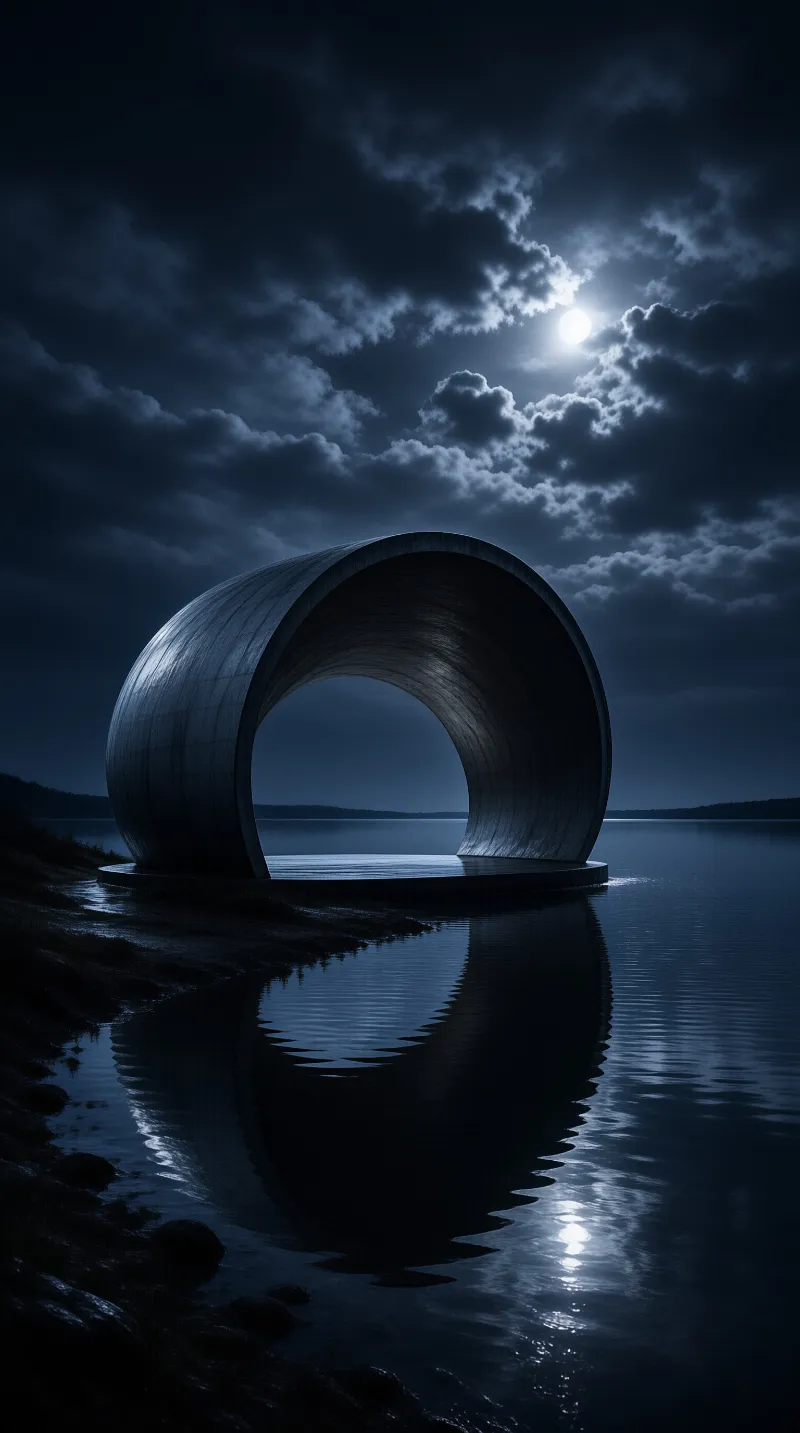 A massive cylindrical concrete structure stands in a dark lake reflecting the bright moon and clouds.