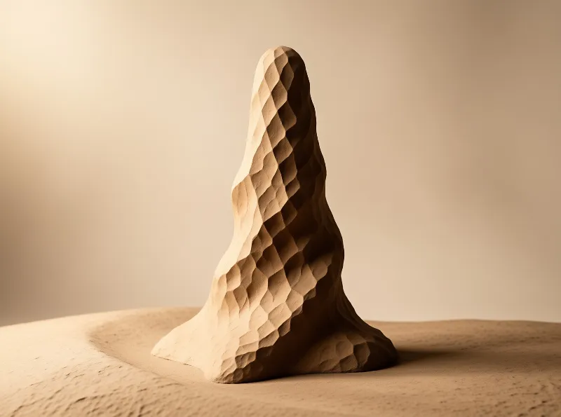 A jagged beige form rising from a flat surface features deep geometric shadows on its right side.