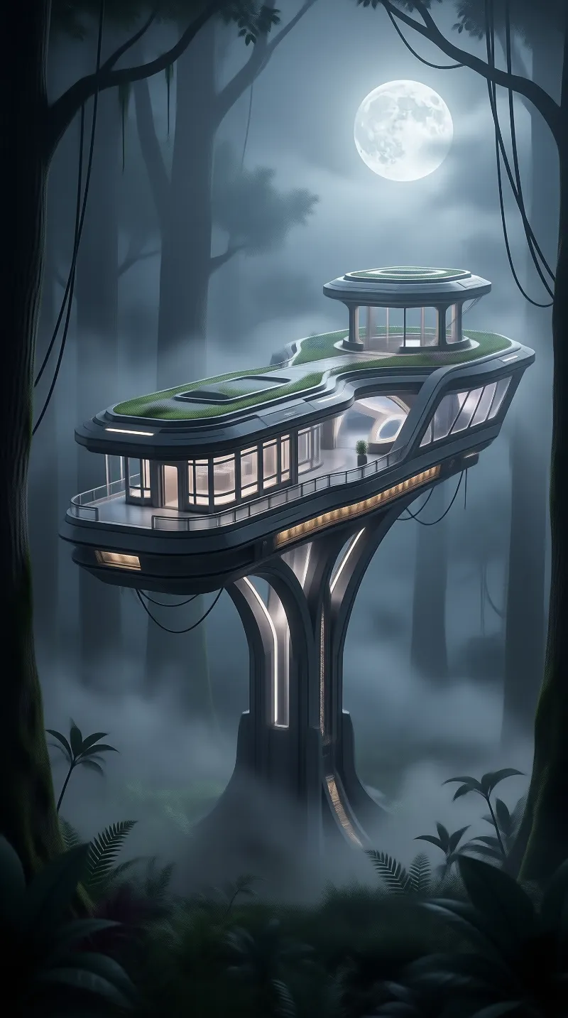 Futuristic Canopy Pod in Moonlit Rainforest