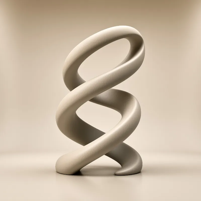 A beige twisted loop sculpture stands upright on a plain surface, softly lit from above to emphasize its curves and shadows.