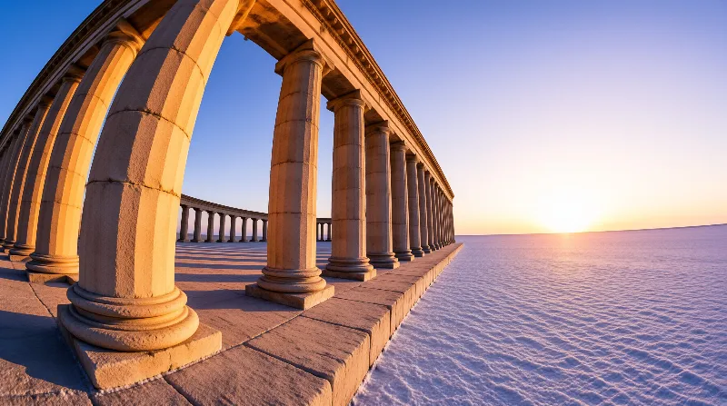 Sunlight illuminates a long arcade of stone columns bordering a tranquil ocean surface.