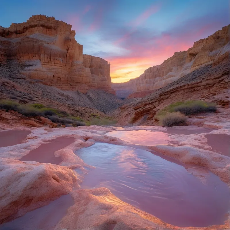A shallow body of water winds through a narrow red rock gorge while the horizon glows with orange and violet hues.