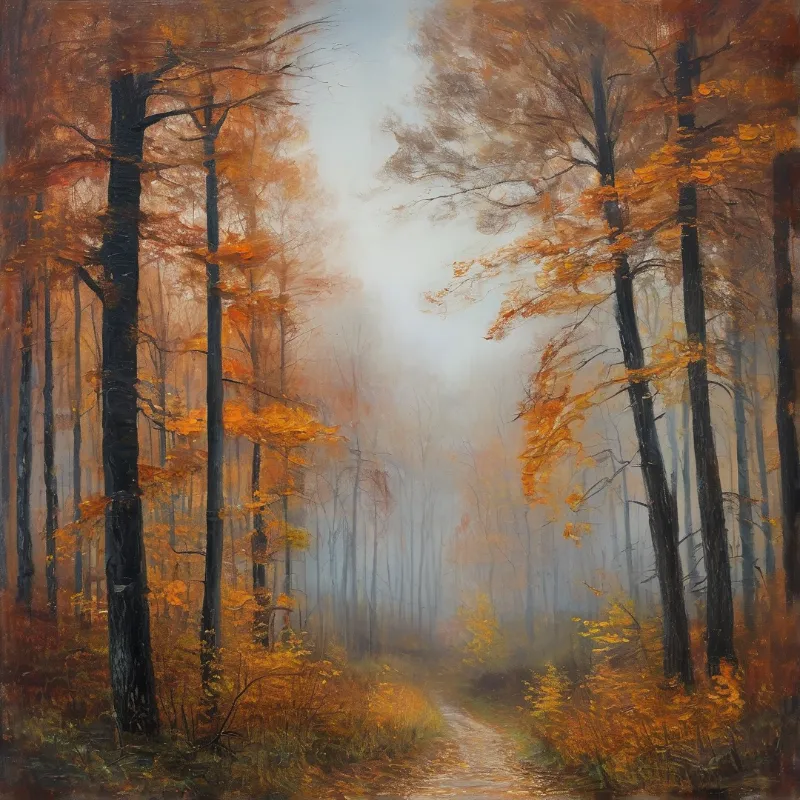 An impressionist canvas shows golden foliage, bare trunks and a sandy trail vanishing into pale mist.