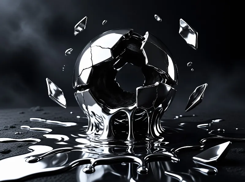A glossy metallic sphere breaks apart into floating shards while spreading into a reflective pool on a dark surface.