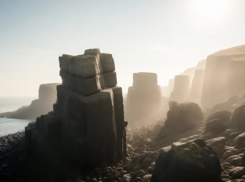 Misty Blocky Rock Formations
