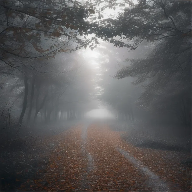A dirt path covered in orange leaves leads through a misty forest with soft light filtering through the trees.