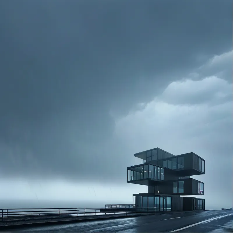A multi-level cantilevered glass building sits on wet coastal road pavement under heavy grey storm clouds.
