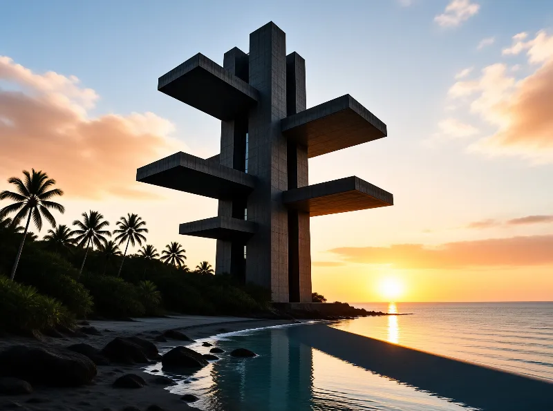 A tall grey concrete structure with stacked horizontal slabs stands where palms meet a calm sea at sunset.