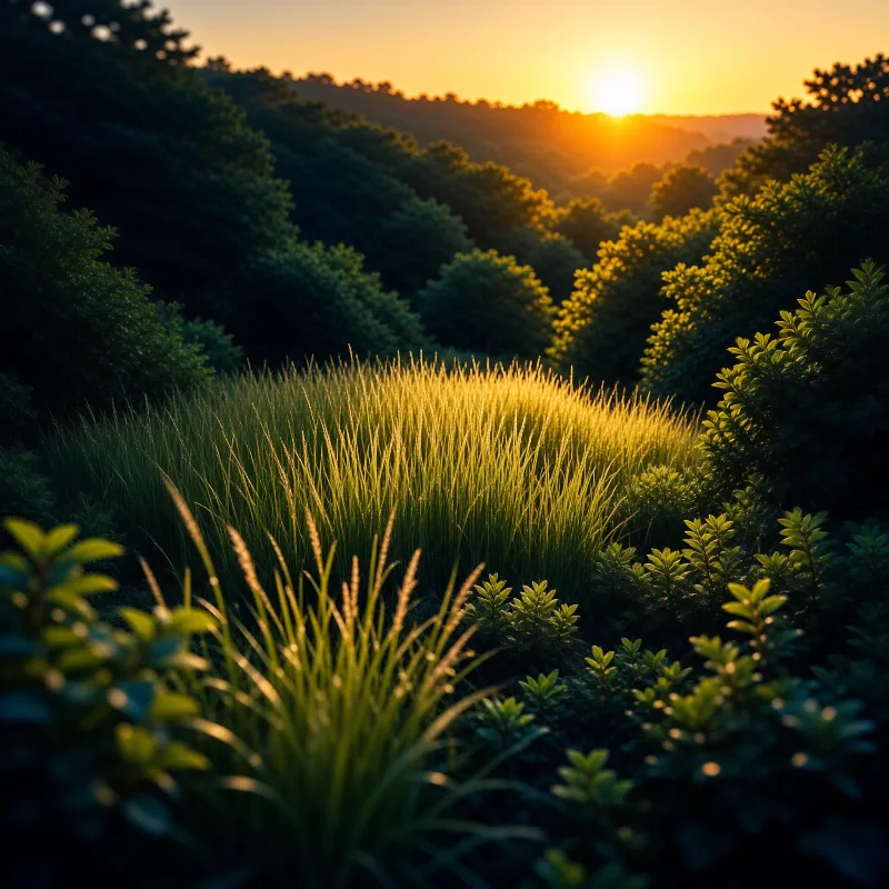 Tall green grasses catch the golden light of a setting sun above a dense forested landscape.