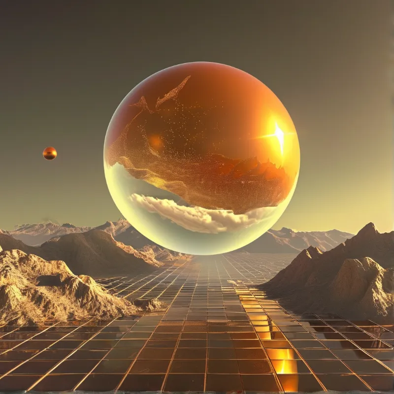 A large glowing sphere hovers above a tiled desert floor with distant mountains in the background.