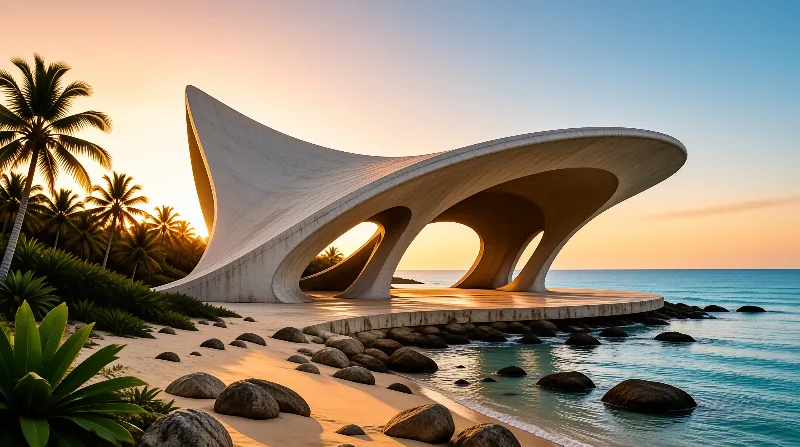 A curved white pavilion stands on rocky shore as the sun sets behind palm trees casting warm light across water.