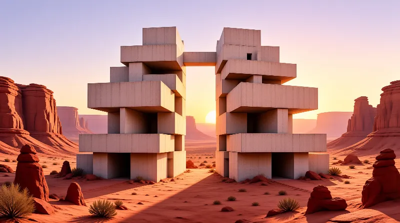 Two massive brutalist buildings stand symmetrically in a sandy canyon landscape during golden hour lighting.