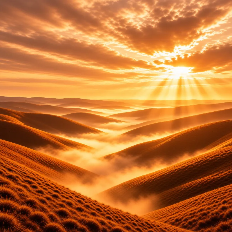 Hills rise beneath a bright sun shining through clouds while low fog fills the valleys with warm orange light.
