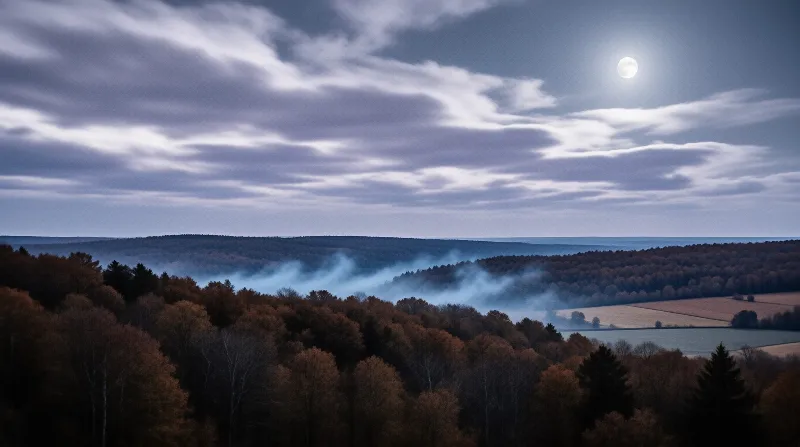 Rolling dark forests shrouded in low fog beneath a bright white moon shining through scattered clouds above distant hills.