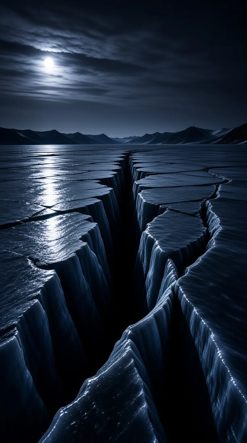 Deep blue cracks split a frozen ice field as moonlight traces a bright path toward the distant dark mountains.