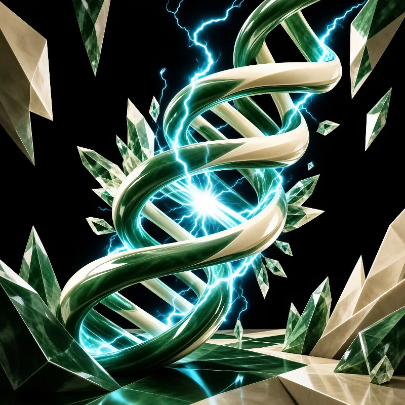 A glowing double helix structure surrounded by floating crystals and crackling blue energy against a black void.
