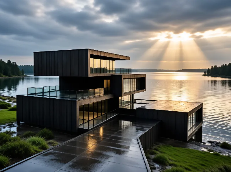 Wood clad boxy home with glowing windows sits over a lake as sunbeams break through evening clouds