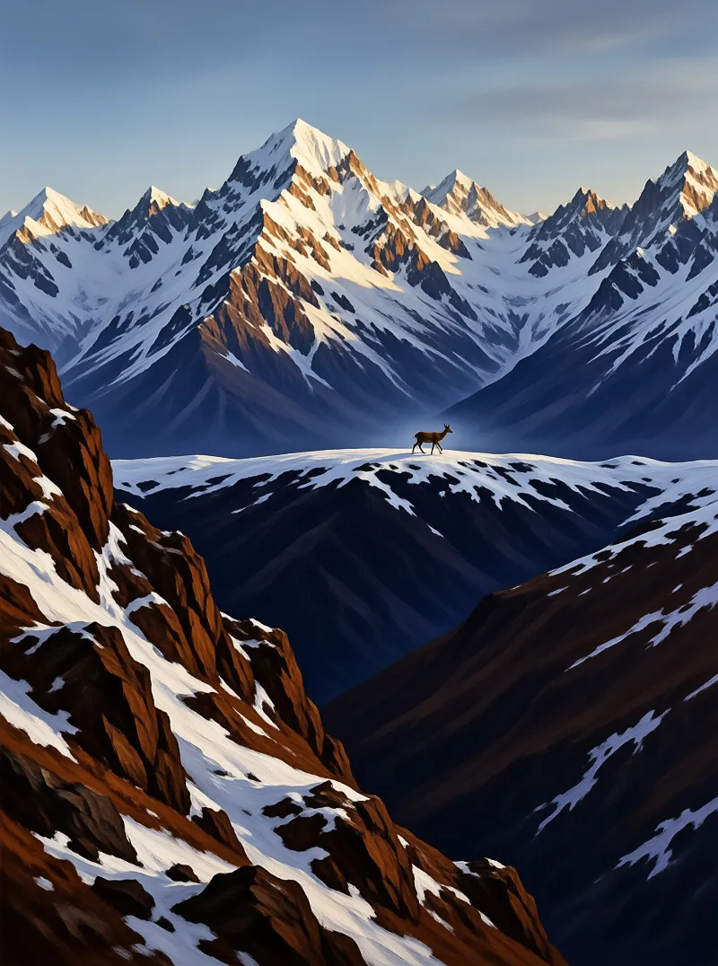 Painted granite peaks catch warm evening light while a small deer crosses the snowfield below them.