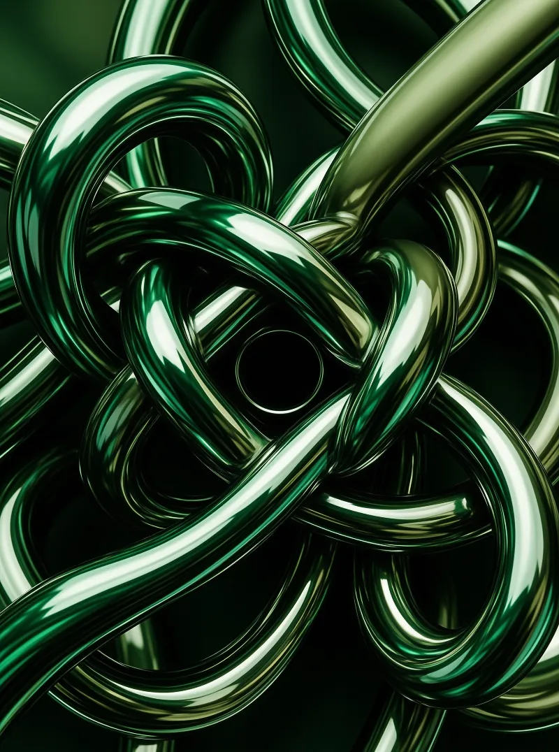 Reflective green tubes weave together in a dark complex pattern.