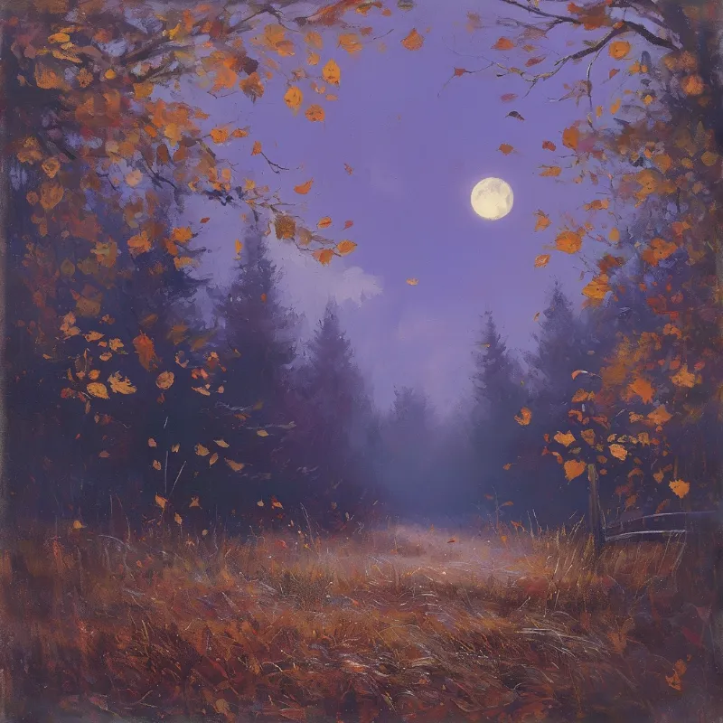 Warm orange autumn foliage frames a misty pine forest under a lavender sky with a bright full moon.