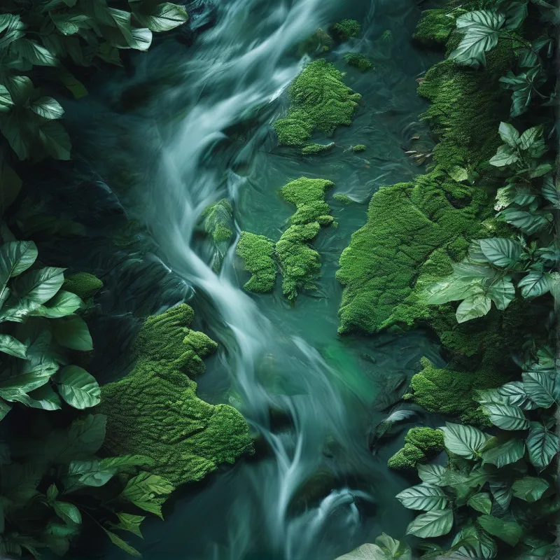 A silky stream bends between vivid moss covered stones framed by dense green foliage.