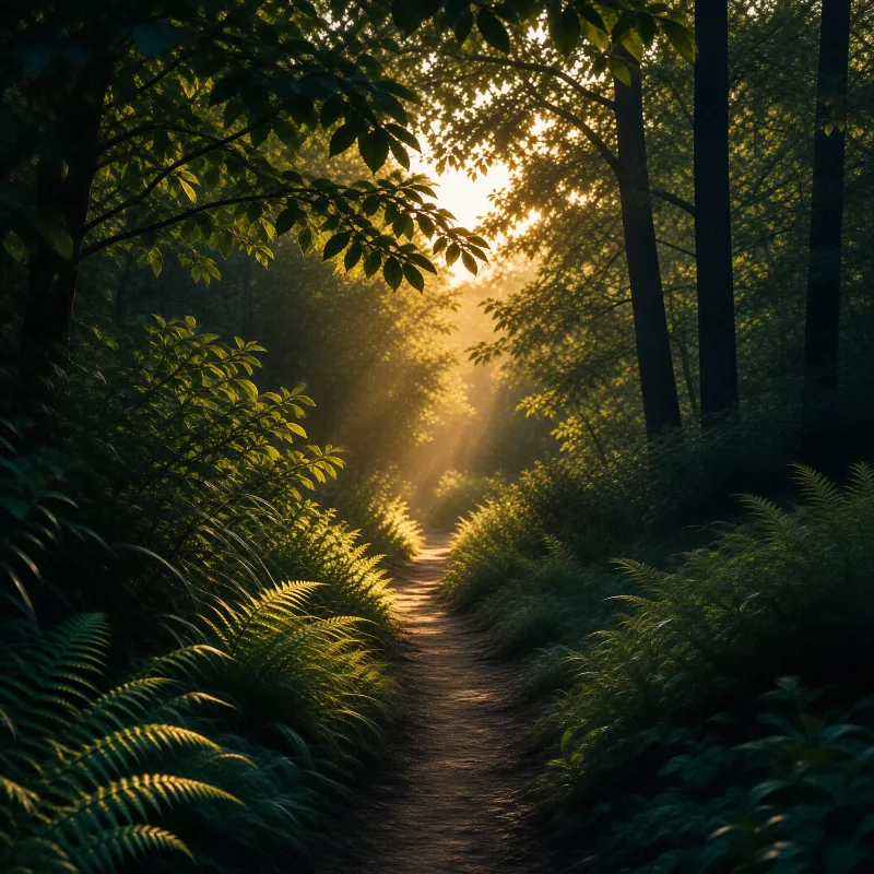 A dirt trail winds through a dense green forest as golden sunlight streams between the tall trees.