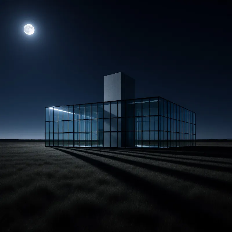 A minimalist glass structure stands on a dark plain while a bright full moon casts long shadows across the ground.