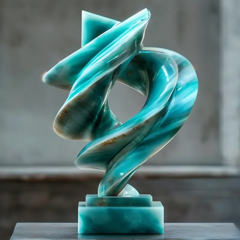 A glossy teal sculpture with swirling forms stands on a rectangular base against a soft blurred background.