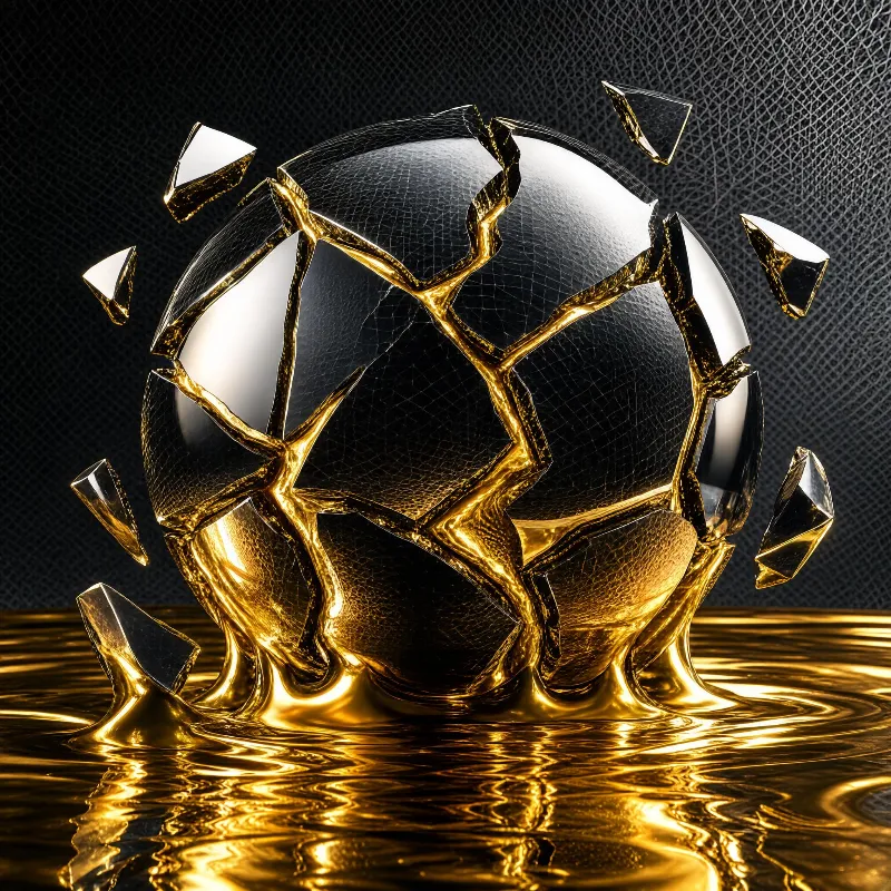 A shattered black sphere with gold cracks, surrounded by flowing golden liquid, set against a dark textured background.