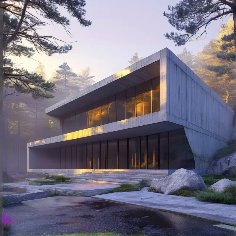 A large concrete structure with expansive glass windows sits nestled among pine trees under a soft glowing sky.