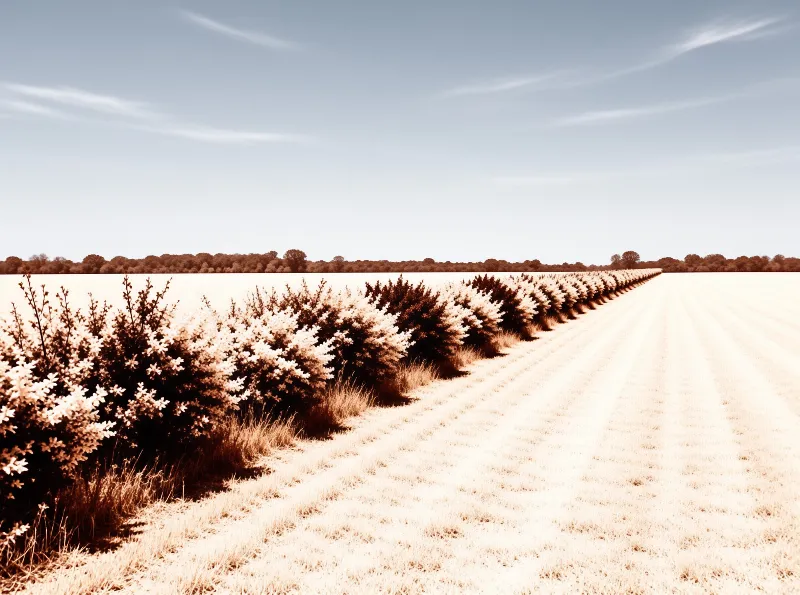 A long blooming hedge of pale flowers runs in straight rows across an open cream-toned field beneath a soft blue sky
