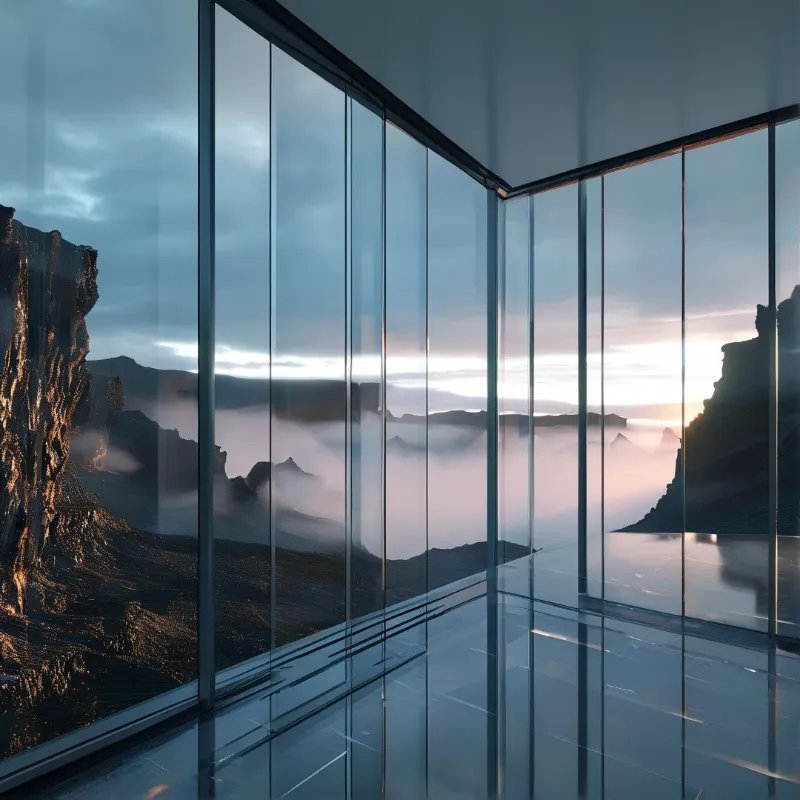 A glass-walled interior offers an unobstructed view of rugged mountain cliffs shrouded in low-lying mist during sunrise.