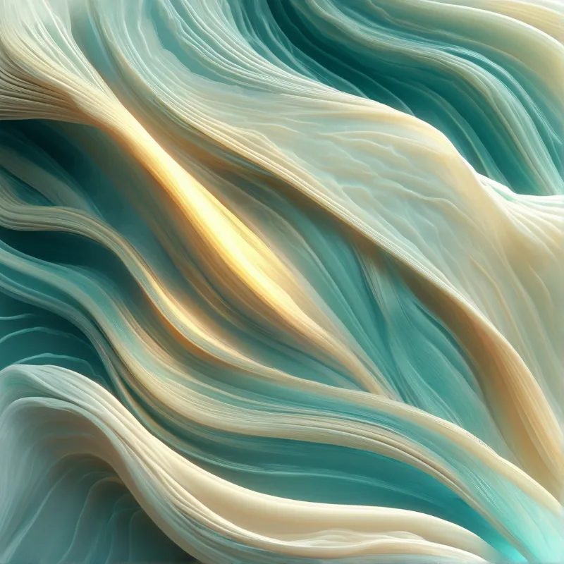 Smooth undulating layers of creamy gold and muted teal mimic soft silk flowing across the frame, with warm light highlighting the folds.