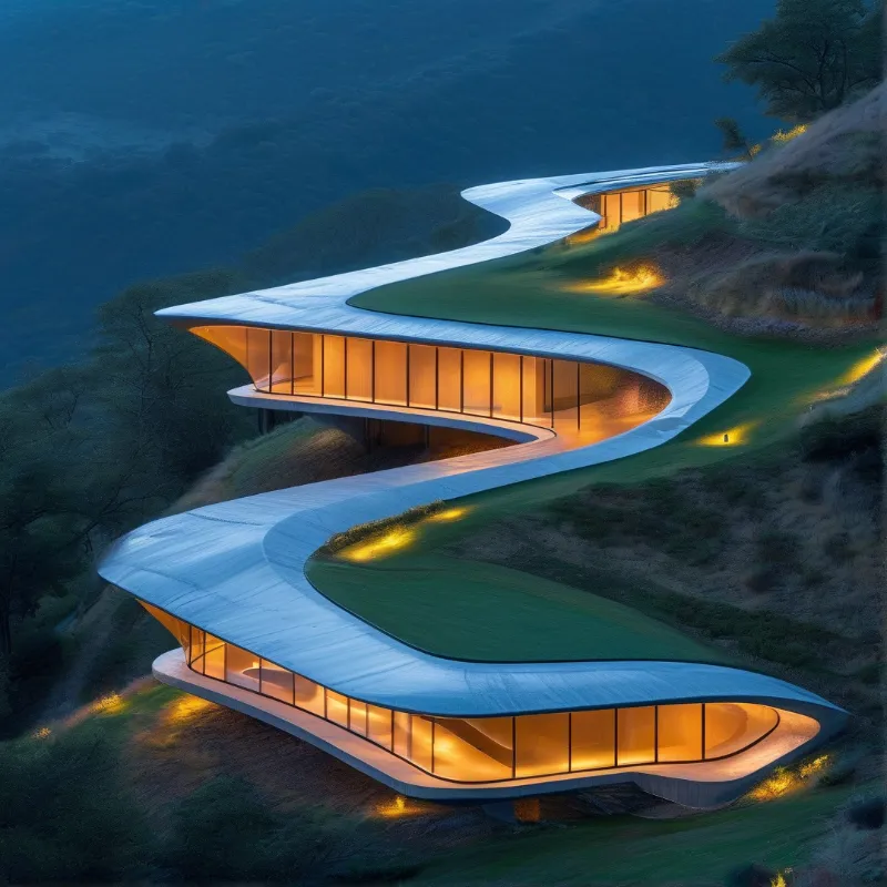 A curvilinear building with warm amber windows winds along a steep vegetated slope under a darkening blue sky.