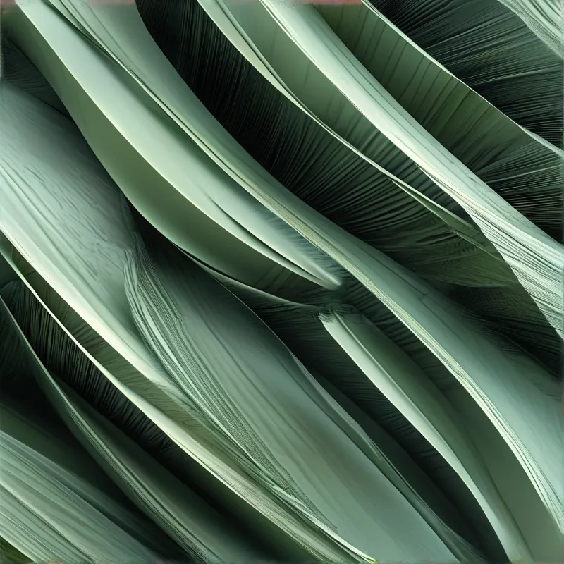 Layered palm leaves display parallel vein lines in muted green tones with sharp sunlight creating deep shadowed folds
