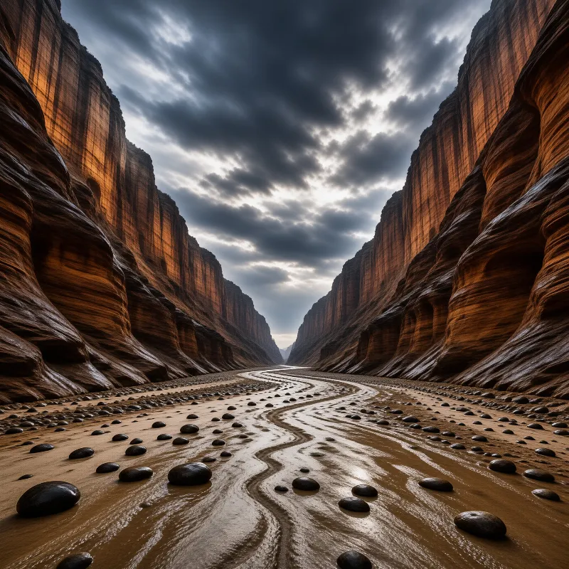 Muddy river flows through a deep canyon with tall red rock walls under stormy clouds