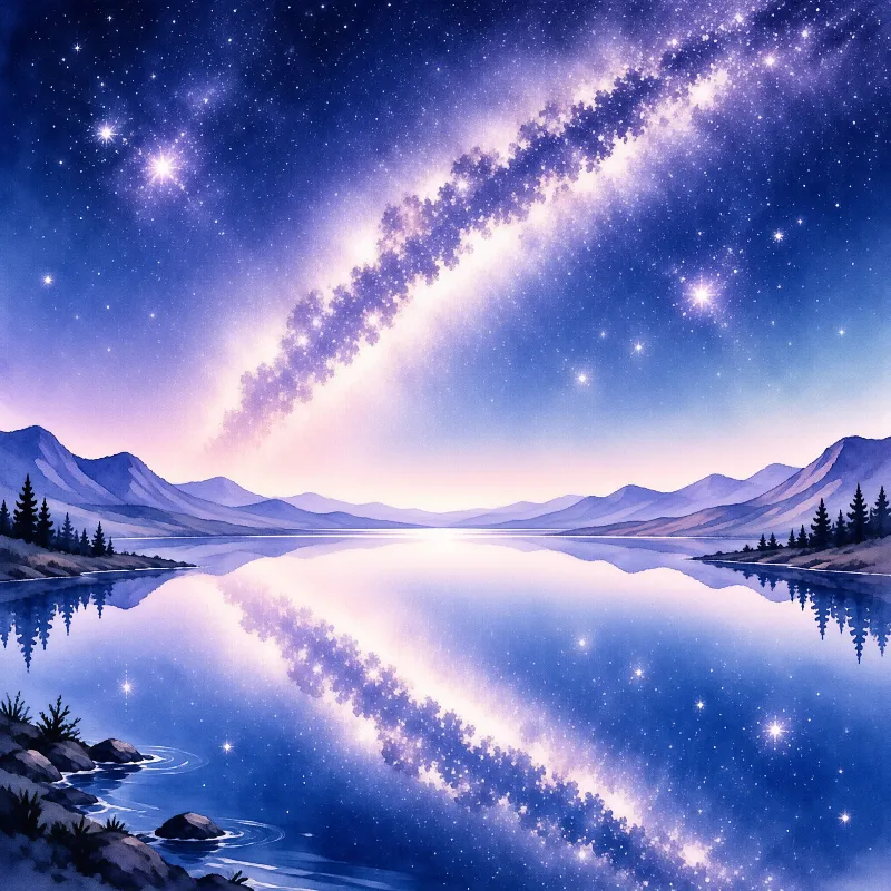 A tranquil landscape shows a still lake mirroring the starry sky and the luminous Milky Way above blue mountains.