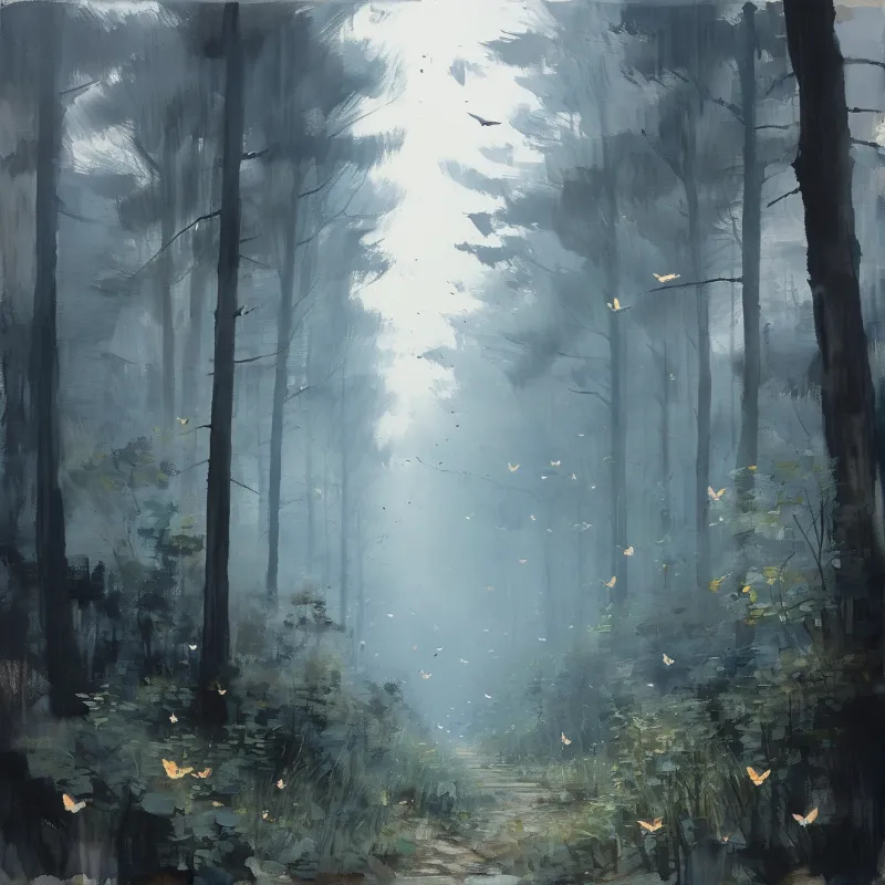 A painting of a misty blue forest with tall trees and golden butterflies flying near a sunlit path.