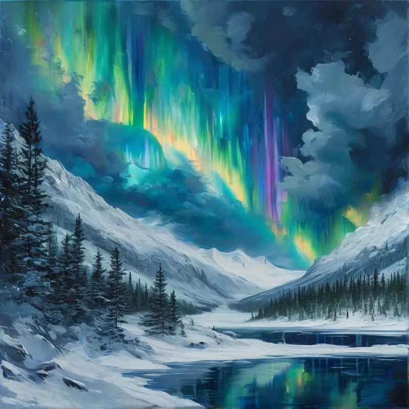 Iridescent green and purple aurora lights dance over a frozen alpine valley, their glow reflected in calm still water below.